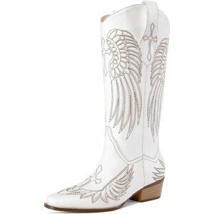 ⚡Womens White Faux Leather Knee High Cowboy Chunky Heel Tall Western Boots